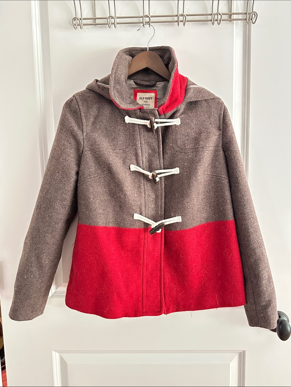Old Navy Women’s Brown and Red Colorblock Toggle Pea Coat